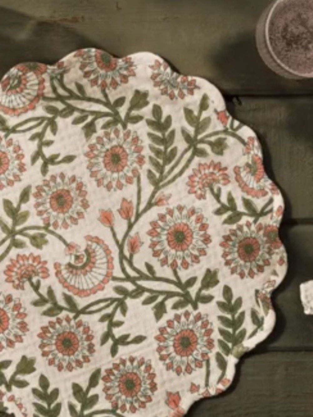 Floral Scalloped Placemats in Green and Coral -